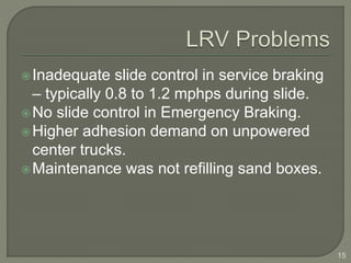 Inadequate slide control in service braking 
– typically 0.8 to 1.2 mphps during slide. 
No slide control in Emergency Braking. 
Higher adhesion demand on unpowered 
center trucks. 
Maintenance was not refilling sand boxes. 
15 
 