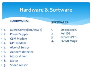 HARDWARES:
 1. Micro Controller(ARM-7)
 2. Power Supply
 3. GSM Modem
 4. GPS modem
 5. Alcohol Sensor
 6. Accident detector
 7. Motor driver
 8. Motor
 9. Speed sensor
Hardware & Software
SOFTWARES:
1. Embedded C
2. Keil IDE
3. express PCB
4. FLASH Magic
 