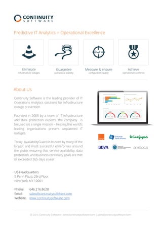 Continuity Software is the leading provider of IT
Operations Analytics solutions for infrastructure
outage prevention.
Founded in 2005 by a team of IT infrastructure
siynapmoceht,strepxenoitcetorpataddna
focused on a single mission — helping the world’s
leading organizations prevent unplanned IT
outages.
Today, AvailabilityGuard is trusted by many of the
largest and most successful enterprises around
the globe, ensuring that service availability, data
protection, and business continuity goals are met
or exceeded 365 days a year.
@ 2015 Continuity Software | www.continuitysoftware.com | sales@continuitysoftware.com
Eliminate
infrastructure outages
Guarantee
operational stability
Achieve
operational excellence
Measure & ensure
conﬁguration quality
About Us
US Headquarters
5 Penn Plaza, 23rd Floor
New York, NY 10001
Phone:
Email:
Website:
646.216.8628
sales@continuitysoftware.com
www.continuitysoftware.com
Predictive IT Analytics = Operational Excellence
 