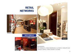 15
REFERENCES:
MC DONALD’S / KIKO/ NESPRESSO / LA POSTE / GROUPE FLO/
UNIQLO / APPLE / FOOT LOCKER / LA CRIÉE
12
 