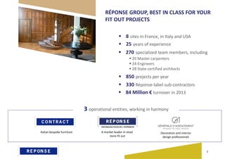  25 years of experience
 270 specialized team members, including
 84 Million € turnover in 2013
 8 sites in France, in Italy and USA
 850 projects per year
A market leader in retail
store fit out
Decoration and interior
design professionals
Italian bespoke furniture
RÉPONSE GROUP, BEST IN CLASS FOR YOUR
FIT OUT PROJECTS
 35 Master carpenters
 24 Engineers
 28 State-certified architects
 330 Réponse-label sub-contractors
3 operational entities, working in harmony
3
 