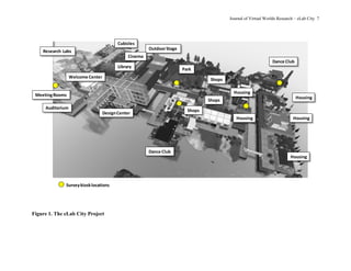 Journal of Virtual Worlds Research – eLab City 7
Figure 1. The eLab City Project
Surveykiosklocations
Housing
Housing
Housing
Housing
Dance Club
Dance Club
Research Labs
DesignCenter
Shops
Auditorium
Cubicles
Library
OutdoorStage
Park
Housing
Welcome Center
Cinema
Shops
Shops
MeetingRooms
 