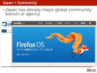 Japan > Community
• Japan

has already major global community
branch or agency

 