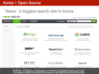 Korea > Open Source

`Naver` is biggest search site in Korea

http://dev.naver.com/opensource/

 