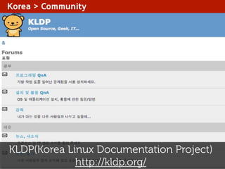 Korea > Community

KLDP(Korea Linux Documentation Project)
http://kldp.org/

 