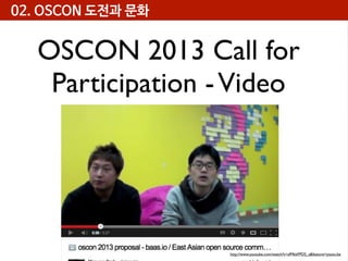 02. OSCON 도전과 문화

OSCON 2013 Call for
Participation - Video

http://www.youtube.com/watch?v=sfMkkFPDS_s&feature=youtu.be

 