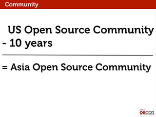 Community

US Open Source Community
- 10 years
= Asia Open Source Community

 