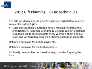2012 Gift Planning – Basic Techniques
• $13,000 per donee annual gift/GST exclusion ($26,000 for married
couple) for outright gifts:
• Example: Grandma & Grandpa have 2 married children and 6
grandchildren. Together Grandma & Grandpa can gift $260,000
($26,000 x 10 donees) of assets every year free of gift and GST
taxes and without depleting their lifetime exemption amounts.
• Unlimited exclusion for tuition payments.
• Unlimited exclusion for medical payments.
• If a family member has borrowed money, consider forgiving the
loan.
11
 