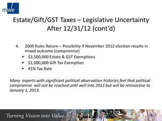 Estate/Gift/GST Taxes – Legislative Uncertainty
After 12/31/12 (cont’d)
4. 2009 Rules Return – Possibility if November 2012 election results in
mixed outcome (compromise)
 $3,500,000 Estate & GST Exemptions
 $1,000,000 Gift Tax Exemption
 45% Tax Rate
Many experts with significant political observation histories feel that political
compromise will not be reached until well into 2013 but will be retroactive to
January 1, 2013.
5
 