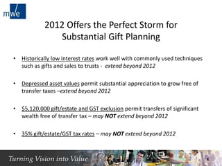 2012 Offers the Perfect Storm for
Substantial Gift Planning
• Historically low interest rates work well with commonly used techniques
such as gifts and sales to trusts - extend beyond 2012
• Depressed asset values permit substantial appreciation to grow free of
transfer taxes –extend beyond 2012
• $5,120,000 gift/estate and GST exclusion permit transfers of significant
wealth free of transfer tax – may NOT extend beyond 2012
• 35% gift/estate/GST tax rates – may NOT extend beyond 2012
8
 