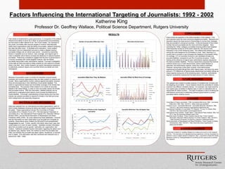 Factors Influencing the International Targeting of Journalists: 1992 - 2002
Katherine King
Professor Dr. Geoffrey Wallace, Political Science Department, Rutgers University
RESULTSABSTRACT
Free media is fundamental to good governance. In recognition of its political
influence and ability to serve as a check on governments and businesses,
the free press is often referred to as “The Fourth Estate”. Yet, because of
this power, journalists often become targets of violence internationally.
While many organizations track the killing of journalists, research analyzing
this data has been scant. To facilitate such evaluation, I have collated
information from six independent sources to create a dataset tracking
journalistic killings over an eleven-year period. I proceed by examining
trends in variables such as medium, main coverage, and regime-type in
order to establish which factors increase the likelihood of violence towards
journalists. Preliminary evaluations suggest that the form of government in
a country correlates with media targeted violence, with the fewest
journalists being killed under authoritarian regimes. Thorough investigation
of this data will allow journalist to better prepare for and respond to threats
while in the field. Also, further research can guide international institutions
to selectively pressure regions and countries where journalists are most
endangered.
BACKGROUND
Because of journalists’ power to monitor the activities of governments,
business, and criminal organizations they are often subject to violence and
murder. Many organizations monitor violence against journalists, however,
there are discrepancies in their definitions of journalistic fatalities. This
leads to organizational biases and incomplete coverage of the threats that
journalists face. The purpose of this research is to create an accurate
dataset of all media killings, in order to more accurately assess the threats
that journalists endure. With this information, detailed analysis can be
preformed to understand which factors most increase the likelihood of
media fatalities. A thorough understanding of these factors and how they
interact can prepare journalist to respond to threats in the field and know
which assignments are especially dangerous.
MATERIALS AND METHODS
Data was collected from six international journalist organizations, each of
which create databases tracking the killing and deaths of journalists across
the globe. These organizations include The Committee to Protect
Journalists (CPJ), Freedom Forum (FF), The International Federation of
Journalists (IFJ), The International Press Institute (IPI), Reporters Without
Borders (RSF), and the World Association of Newspapers and News
Publishers (WAN_IFRA). By cross-referencing these databases, I ensured
that the information for each observation is as accurate and complete as
possible. Observations were collated into Microsoft Excel spreadsheets,
disaggregated by year. Further, specific information about each case was
coded based on a rubric for each variable. Variables included information
about the journalists such as gender, nationality, job, organization, and
medium. Additional variables tracked information regarding the attack such
as attacker type, attacker name, the method by which the journalist was
killed, and whether the journalist was taken captive, threatened, or tortured
prior to death. This information was then combined and analyzed over a
period from 1992 – 2002.
CONCLUSION
A few trends are apparent in the initial evaluation of this dataset. First,
print reporters were the most commonly targeted journalists. Because print
reporters require the least amount of technology to convey their message,
they are prevalent in almost all countries. It may be because of their sheer
number that print journalists are the most commonly targeted. Next,
excluding the “Other” category, journalists covering politics were targeted
most frequently during six of the years observed, and second most
frequently in two of the remaining years. This reflects that political topics are
among the most dangerous for journalists to cover. Next, reporting in a
country that is involved in war increases the likelihood of journalistic killing.
On average, 41% of countries involved in war witnessed at least one
journalist fatalities, compared to just 9% of countries at peace. Finally,
looking at the influence of regime type, authoritarian regimes experience
the least journalistic fatalities. Previous researchers proposed that minimal
violence would occur in both democracies, where media freedom is
assumed, and authoritarian regimes, where the media is restricted.
However, during three of the years covered, more democracies
experienced journalist killings than other regime types, and about the same
amount (<1% difference) of democracies experienced journalistic killings as
mixed regimes during two of the remaining years. However, authoritarian
regimes consistently experienced the least amount of media violence.
FUTURE RESEARCH
This dataset was created to enable analysis of variables that correlate with
the targeting of journalists. Future research should be conducted to closely
examine how different variables interact. For example, one might examine
how regime type correlates to attacker type in order to understand who is
responsible for these murders. This type of analysis is vital to enabling the
international community to selectively pressure governments to protect
journalists before violence occurs.
CITATIONS
Committee to Protect Journalists. "1054 Journalists Killed since 1992.” Journalists
Killed since 1992. Web. Fall 2013. <https://www.cpj.org/killed/>.
Freedom Forum. "Journalists Memorial." Journalists Memorial. Newseum, Web.
Fall 2013. http://www.newseum.org/scripts/journalist/main.htm.
International Federation of Journalists. "IFJ Reports." IFJ.org. IFJ Global, Web.
Fall 2013. http://www.publikr.com/en/pages/reports.
International Press Institute. "Death Watch." International Press Institute, Web. Fall
2013. http://ipi.freemedia.at/death-watch.html.
Reporters Sans Frontières. "Press Freedom Day By Day." Press Freedom
Barometer. Reporters Without Borders For Press Freedom, Web. Fall 2013.
<http://archives.rsf.org/coll_en.php3?id_rubrique=115&annee=2004>.
World Association of Newspapers and News Publishers. Press Freedom & Media
Development. Web. Fall 2013. <http://www.wan-press.org/pfreedom/
jkilled.php?id=3983>.
ACKNOWLEDGEMENTS
I would like to thank Dr. Geoffrey Wallace for inviting me to work on this research
with him. This has been an invaluable learning experience, and has increased my
interest in more in-depth research endeavors. Also, I would like to thank the Aresty
Research Center for Undergraduates for providing me the opportunity to present
this research.
 