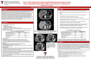 Case of a Rare Inflammatory Hepatic Hilar Mass Mimicking Cholangiocarcinoma
Stephanie Egge MSIII, Debdeep Banerjee MSIII, Subhasis Misra M.D., H. Nail Aydin M.D.
Department of Surgery
Texas Tech University Health Sciences Center, Amarillo
References:
1.Vasiliadis, K. et al. (2014). Mid common bile duct inflammatory pseudotumor mimicking cholangiocarcinoma. A case
report and literature review. International Journal of Surgery Case Reports, 5(1), 12–15.
2.Worley, P. et al. (2001). Benign inflammatory pseudotumour of the biliary tract masquerading as a Klatskin tumour.
HPB : The Official Journal of the International Hepato Pancreato Biliary Association  , 3(2), 179–181.
3.Dumitrascu, T. et al. (2009). Klatskin-mimicking lesions--a case series and literature review. Hepato-
gastroenterology, 57(101), 961-967.
4.Juntermanns, B et al. (2011). Klatskin-Mimicking Lesions: Still a Diagnostical and Therapeutical Dilemma?.
5.Knoefel, W. T. et al. (2003). Klatskin tumors and Klatskin mimicking lesions of the biliary tree. European Journal of
Surgical Oncology (EJSO), 29(8), 658-661.
6.Kapoor, S., & Nundy, S. (2012). Bile duct leaks from the intrahepatic biliary tree: a review of its etiology, incidence,
and management. HPB Surgery, 2012.
Discussion
•66-y/o healthy Hispanic male with 3-week
•pruritic jaundice
•nausea/vomiting, steatorrhea
•18-lb weight loss over the prior 1 month
•α-fetoprotein tumor marker (AFP) of 2.1 mM (normal: 0.5-2.5)
•Past Medical History: (1) Alcohol use disorder with 2 year sobriety (2) Cholecystectomy 2 years prior
•Family History: Non-contributory
•Social History: 30 year history of 12-18 12 oz. beers. Denies tobacco or illicit drug use or history.
Table 1. Liver Function Tests on Admission
Imaging Studies
•CT abdomen: Heterogeneous hilar mass with intrahepatic biliary dilatation (Figure 1).
•MRCP confirmed dilatation of intrahepatic ducts involving the confluence (see Figure 2).
•ERCP with brush cytology with 10-Fr stent placement at the common hepatic duct bifurcation.
•Filling studies suggested defect at common hepatic duct, extending to proper hepatic branches
Pathology
Brush histopathology: benign epithelium with evidence of chronic inflammation
CT & US-biopsy: findings consistent with chronic inflammation
Due to minimal extend of biopsies and the clinical picture (i.e. presence of a mass in the hepatic hilum),
surgical exploration was pursued.
Surgical exploration:
Diagnostic laparoscopy showed no evidence of peritoneal carcinomatosis. Open exploration
demonstrated multiple lymphadenopathies of the hepatoduodenal ligament. Frozen sections showed
findings consistent with chronic inflammation and histiocytosis.
Portal dissection revealed diffuse fibrotic and desmoplastic reactions, involving extrahepatic biliary
ductal system and porta hepatis. Fibrosis and chronic inflammation persisted within the intrahepatic
parenchyma, without local mass. Intraoperative-US and full-thickness biopsy were performed at the
area of concern, revealing findings of chronic inflammation.
Based on histopathological evaluation and in the absence of malignancy., the case was terminated.
Patient recovered unremarkably and has improved ever since with outpatient follow-up with
gastroenterology and surgery.
Case Report
Hepatic hilar masses can be of several different etiologies, most commonly malignant. We present a rare
inflammatory hepatic hilar lesion that mimics cholangiocarcinoma. Preoperative distinctions between benign,
inflammatory hyperplasias and cholangiocarcinoma pose a challenge. Benign lesions mimicking
cholangiocarcinoma most commonly auto-immunogenic or infectious etiologies, such as primary sclerosing
cholangitis and recurrent pyogenic cholangitis. Benign and malignant hilar masses usually present with
nonspecific symptoms of painless jaundice, weight loss, fatigue, and malaise. Radiologic techniques are
often inadequate to detect major differences in morphology, and image-guided biopsy lacks adequate
sensitivity to rule-out cholangiocarcinoma in the setting of benign disease. Biopsy-negative lesions are often
presumed as cholangiocarcinoma and treated with extensive resections, and definitive exclusion of
cholangiocarcinoma usually results from post-resection histopathological analysis. Here, we report a case of
a rare inflammatory hepatic hilar mass, mimicking cholangiocarcinoma.
Introduction
Benign inflammatory lesions represent a rare etiology of obstructive hilar masses; however, diagnostic
exclusion requires adequate preoperative and intraoperative work-up. Appropriate histopathological
analysis includes frozen sectioning of hepatic lesion and exploration and biopsy of portal lymph nodes. If
malignancy is evident, resection is indicated. However, in cases of benign histopathology, other potential
etiologies such as infections (particularly viral), autoimmune, and allergic reactions should be explored. In
such cases, non-operative management and further work up may be more appropriate, thereby avoiding
potential morbidity and complications associated with hepatobiliary resection.
Conclusion
Value a
Alkaline phosphatase (ALP) [U/L] 856 ⇑ 44-147
Aspartate aminotransferase (AST) [U/L] 104 ⇑ 10-40
Alanine transaminase (ALT) [U/L] 66 ⇑ 7-56
Total bilirubin [mg/dL] 5.2/ ⇑ 0.3-1.9
Albumin [g/dL] 2.3 ⇓ 3.5-5.5
Value Normal Range
Alkaline phosphatase (ALP) [U/L] 302 ⇑ 44-147
Aspartate aminotransferase (AST) [U/L] 33.0 10-40
Alanine transaminase (ALT) [U/L] 32.0 7-56
Total bilirubin [mg/dL] 0.8 0.3-1.9
Albumin [g/dL] 3.4 3.5-5.5
Figure 1. CT-abdomen revealed a hilar liver mass and intrahepatic biliary
dilation, suggestive of Klatskin tumor. Arrows denoting dilation. Arrow
head denoting heterogeneous enhancement.
Figure 2. MRCP showed
intrahepatic ductal dilatation
as far as the confluence of
the intrahepatic ducts. MRI
weighting is T2 in depicted
images.
Recent patient data is provided in Table 2, supporting physiologic improvement. Recent EGD also
revealed no new lymphadenopathies, inflammation, or mass that would be suspected with cancer.
A
B
 