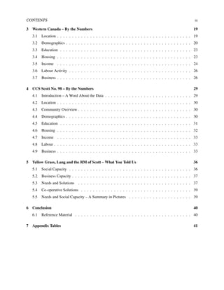 CONTENTS iii
3 Western Canada – By the Numbers 19
3.1 Location . . . . . . . . . . . . . . . . . . . . . . . . . . . . . . . . . . . . . . . . . . . . . 19
3.2 Demographics . . . . . . . . . . . . . . . . . . . . . . . . . . . . . . . . . . . . . . . . . . 20
3.3 Education . . . . . . . . . . . . . . . . . . . . . . . . . . . . . . . . . . . . . . . . . . . . 23
3.4 Housing . . . . . . . . . . . . . . . . . . . . . . . . . . . . . . . . . . . . . . . . . . . . . 23
3.5 Income . . . . . . . . . . . . . . . . . . . . . . . . . . . . . . . . . . . . . . . . . . . . . 24
3.6 Labour Activity . . . . . . . . . . . . . . . . . . . . . . . . . . . . . . . . . . . . . . . . . 26
3.7 Business . . . . . . . . . . . . . . . . . . . . . . . . . . . . . . . . . . . . . . . . . . . . . 26
4 CCS Scott No. 98 – By the Numbers 29
4.1 Introduction – A Word About the Data . . . . . . . . . . . . . . . . . . . . . . . . . . . . . 29
4.2 Location . . . . . . . . . . . . . . . . . . . . . . . . . . . . . . . . . . . . . . . . . . . . . 30
4.3 Community Overview . . . . . . . . . . . . . . . . . . . . . . . . . . . . . . . . . . . . . . 30
4.4 Demographics . . . . . . . . . . . . . . . . . . . . . . . . . . . . . . . . . . . . . . . . . . 30
4.5 Education . . . . . . . . . . . . . . . . . . . . . . . . . . . . . . . . . . . . . . . . . . . . 31
4.6 Housing . . . . . . . . . . . . . . . . . . . . . . . . . . . . . . . . . . . . . . . . . . . . . 32
4.7 Income . . . . . . . . . . . . . . . . . . . . . . . . . . . . . . . . . . . . . . . . . . . . . 33
4.8 Labour . . . . . . . . . . . . . . . . . . . . . . . . . . . . . . . . . . . . . . . . . . . . . . 33
4.9 Business . . . . . . . . . . . . . . . . . . . . . . . . . . . . . . . . . . . . . . . . . . . . . 33
5 Yellow Grass, Lang and the RM of Scott – What You Told Us 36
5.1 Social Capacity . . . . . . . . . . . . . . . . . . . . . . . . . . . . . . . . . . . . . . . . . 36
5.2 Business Capacity . . . . . . . . . . . . . . . . . . . . . . . . . . . . . . . . . . . . . . . . 37
5.3 Needs and Solutions . . . . . . . . . . . . . . . . . . . . . . . . . . . . . . . . . . . . . . 37
5.4 Co-operative Solutions . . . . . . . . . . . . . . . . . . . . . . . . . . . . . . . . . . . . . 39
5.5 Needs and Social Capacity – A Summary in Pictures . . . . . . . . . . . . . . . . . . . . . 39
6 Conclusion 40
6.1 Reference Material . . . . . . . . . . . . . . . . . . . . . . . . . . . . . . . . . . . . . . . 40
7 Appendix Tables 41
 
