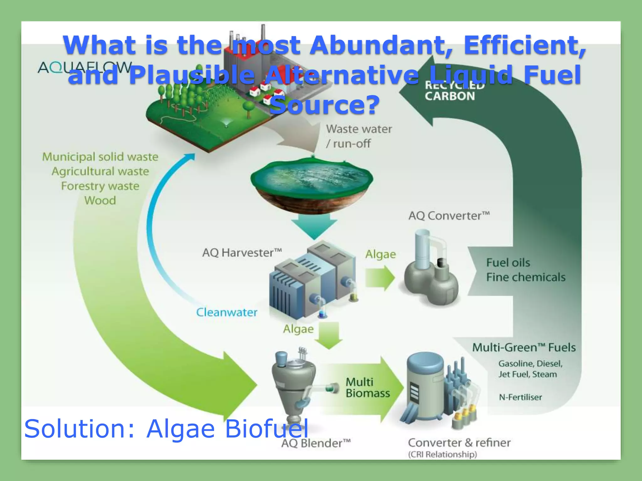 What is the most Abundant, Efficient,
and Plausible Alternative Liquid Fuel
Source?
Solution: Algae Biofuel
 
