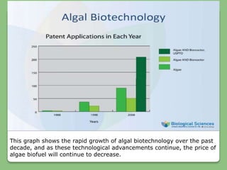 This graph shows the rapid growth of algal biotechnology over the past
decade, and as these technological advancements continue, the price of
algae biofuel will continue to decrease.
 