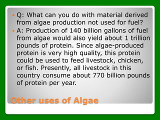 Other uses of Algae
 Q: What can you do with material derived
from algae production not used for fuel?
 A: Production of 140 billion gallons of fuel
from algae would also yield about 1 trillion
pounds of protein. Since algae-produced
protein is very high quality, this protein
could be used to feed livestock, chicken,
or fish. Presently, all livestock in this
country consume about 770 billion pounds
of protein per year.
 