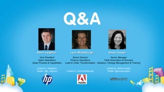 Kevin Leighton
Vice President
Sales Operations
Sales Process & Capabilities
Linked In: kleighton
Twitter: @k_leighton
Lynn Mickleburgh
Senior Director
Finance Operations
Lead to Order Transformation
Linked In: lynnmickleburgh
Amee Cooper
Senior Manager
Field Automation & Services
Adoption, Change Management & Training
Linked In: amee-cooper
Twitter: @ameecooper
 
