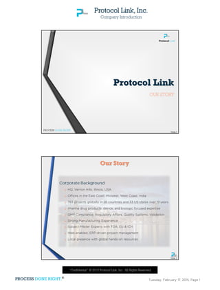 Protocol Link, Inc.
Company Introduction
“Confidential” © 2015 Protocol Link, Inc. All Rights Reserved.
PROCESS DONE RIGHT.®
PROCESS DONE RIGHT.
Protocol Link
OUR STORY









Our Story
 