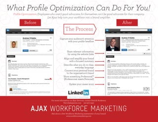 What Proﬁle Optimization Can Do For You!
Before After
The Process
For more information on Ajax Services, contact Patrick Anderson
Patrick@ajaxwm.com 312-972-1330
Ask about a free Workforce Marketing assessment of your brand!
www.workforcemarketing.com
Update your career story
Describe what you do in clear,
everyday language
Capture your audience’s attention
with your proﬁle headline
Show something Profersonal™
(Professional meets Personal)
Share relevant information
by using the website links
Connect your personal brand
to the organization’s brand
Align and amplify your brand
with a focused summary
Proﬁle Optimization: Employees who aren't good advocates for themselves can't be good advocate for their company.
Let Ajax help turn your workforce into a brand ampliﬁer.
 