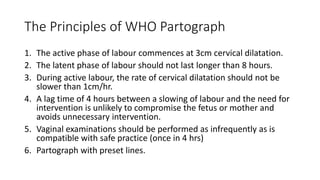 The Principles of WHO Partograph
1. The active phase of labour commences at 3cm cervical dilatation.
2. The latent phase of labour should not last longer than 8 hours.
3. During active labour, the rate of cervical dilatation should not be
slower than 1cm/hr.
4. A lag time of 4 hours between a slowing of labour and the need for
intervention is unlikely to compromise the fetus or mother and
avoids unnecessary intervention.
5. Vaginal examinations should be performed as infrequently as is
compatible with safe practice (once in 4 hrs)
6. Partograph with preset lines.
 