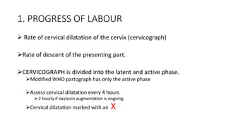 1. PROGRESS OF LABOUR
 Rate of cervical dilatation of the cervix (cervicograph)
Rate of descent of the presenting part.
CERVICOGRAPH is divided into the latent and active phase.
Modified WHO partograph has only the active phase
Assess cervical dilatation every 4 hours
2 hourly if oxytocin augmentation is ongoing.
Cervical dilatation marked with an X
 