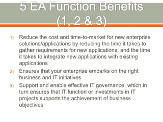 1) Reduce the cost and time-to-market for new enterprise
solutions/applications by reducing the time it takes to
gather requirements for new applications, and the time
it takes to integrate new applications with existing
applications
2) Ensures that your enterprise embarks on the right
business and IT initiatives
3) Support and enable effective IT governance, which in
turn ensures that IT function or investments in IT
projects supports the achievement of business
objectives
 