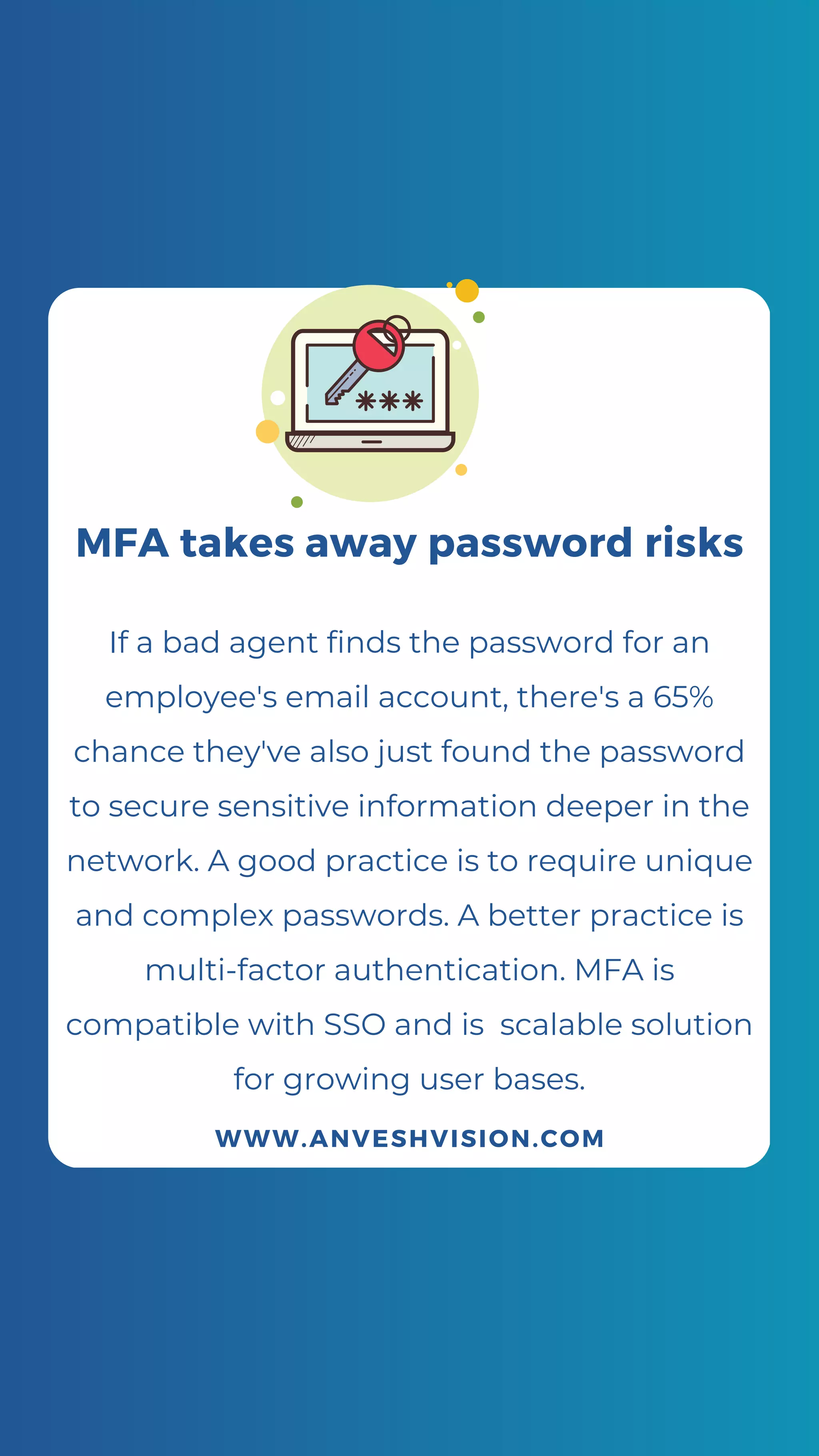 If a bad agent finds the password for an
employee's email account, there's a 65%
chance they've also just found the password
to secure sensitive information deeper in the
network. A good practice is to require unique
and complex passwords. A better practice is
multi-factor authentication. MFA is
compatible with SSO and is scalable solution
for growing user bases.
WWW.ANVESHVISION.COM
MFA takes away password risks
 