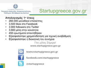 Startupgreece.gov.gr
Απολογισμός 1 ου έτους
• 260.000 μοναδικοί επισκέπτες
• 3.500 likes στο Facebook
• 3.900 followers στο Twitter
• 3.660 μέλη στην κοινότητα
• 450 ερωτήματα απαντήθηκαν
• Εξασφαλίστηκε χρηματοδότηση για τεχνική αναβάθμιση
• Εξασφαλίστηκε η διοικητική του συνέχεια
                        Γίνε μέλος Σήμερα!
                     www.startupgreece.gov.gr

                team@startupgreece.gov.gr

                facebook.com/startupgreece

                @startupgreece
 