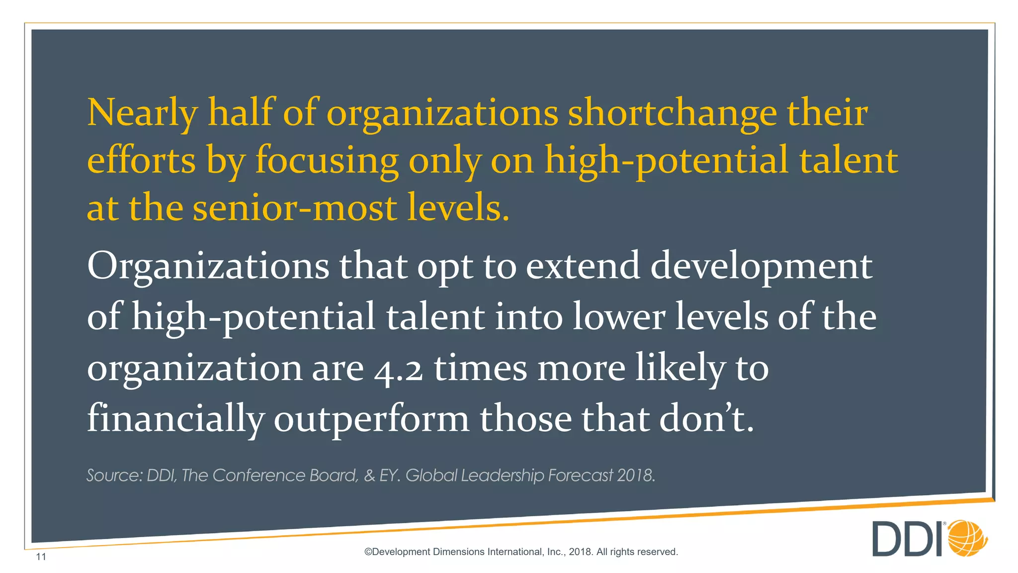 ©Development Dimensions International, Inc., 2018. All rights reserved.
11
Nearly half of organizations shortchange their
efforts by focusing only on high-potential talent
at the senior-most levels.
Organizations that opt to extend development
of high-potential talent into lower levels of the
organization are 4.2 times more likely to
financially outperform those that don’t.
Source: DDI, The Conference Board, & EY. Global Leadership Forecast 2018.
 