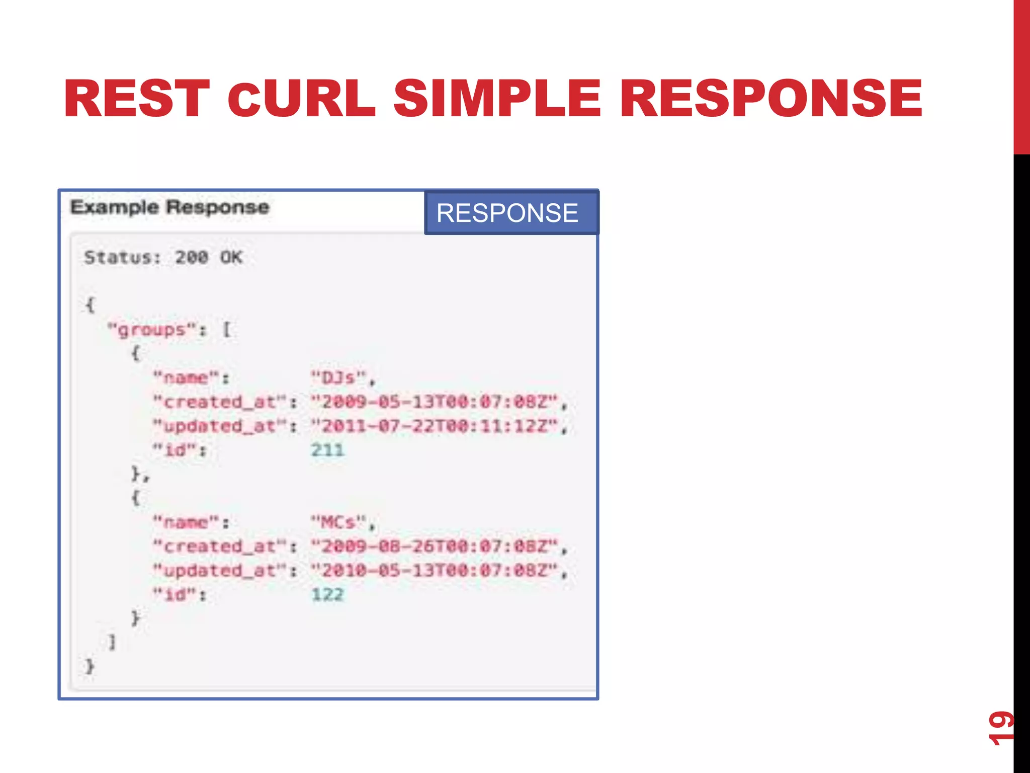 REST CURL SIMPLE RESPONSE
19
RESPONSE
 