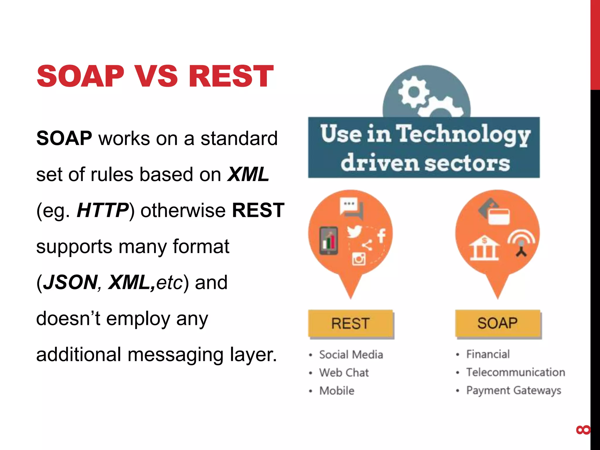 SOAP VS REST
8
SOAP works on a standard
set of rules based on XML
(eg. HTTP) otherwise REST
supports many format
(JSON, XML,etc) and
doesn’t employ any
additional messaging layer.
 