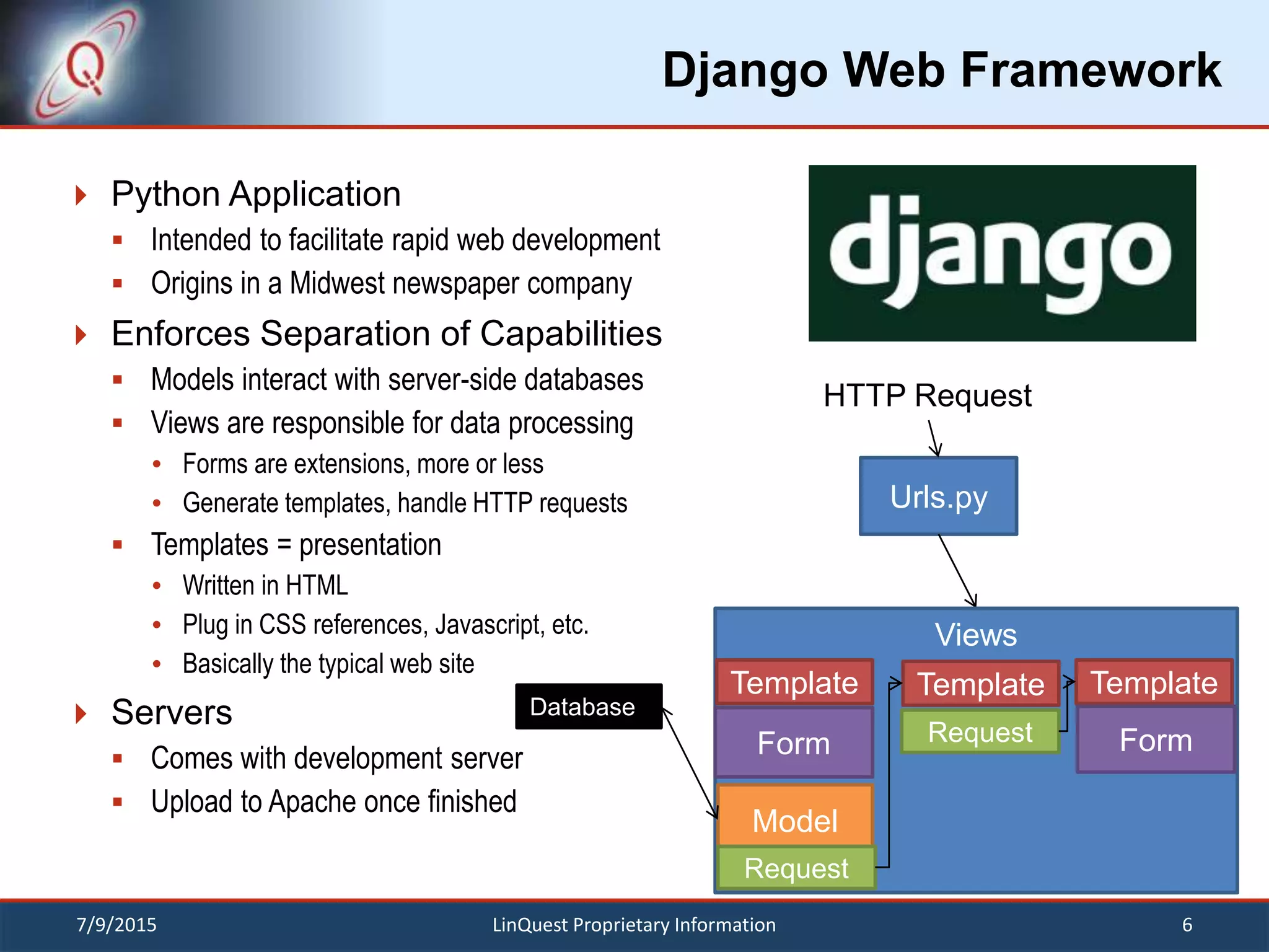 Django Web Framework
 Python Application
 Intended to facilitate rapid web development
 Origins in a Midwest newspaper company
 Enforces Separation of Capabilities
 Models interact with server-side databases
 Views are responsible for data processing
 Forms are extensions, more or less
 Generate templates, handle HTTP requests
 Templates = presentation
 Written in HTML
 Plug in CSS references, Javascript, etc.
 Basically the typical web site
 Servers
 Comes with development server
 Upload to Apache once finished
7/9/2015 6LinQuest Proprietary Information
Urls.py
HTTP Request
Views
Template
Form
Template Template
Form
Model
Database
Request
Request
 