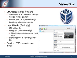 VirtualBox
 VM Application for Windows
 Inserts itself below the kernel to intercept
requests from the guest OS
 Monitors guest OS to prevent damage
 Completely isolated from host OS
 How it Works (Basically)
 XML settings file
 Runs guest OS off of disk image
 All hard disk requests from guest go to disk
image
 Everything stored in a directory in host
OS
 Routing HTTP requests was
tricky
7/9/2015 11LinQuest Proprietary Information
 