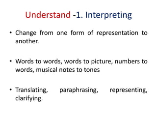 Understand -1. Interpreting
• Change from one form of representation to
another.
• Words to words, words to picture, numbers to
words, musical notes to tones
• Translating, paraphrasing, representing,
clarifying.
 
