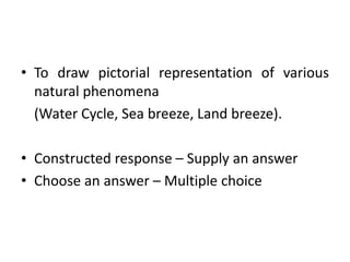 • To draw pictorial representation of various
natural phenomena
(Water Cycle, Sea breeze, Land breeze).
• Constructed response – Supply an answer
• Choose an answer – Multiple choice
 