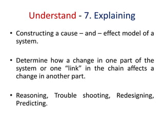 Understand - 7. Explaining
• Constructing a cause – and – effect model of a
system.
• Determine how a change in one part of the
system or one “link” in the chain affects a
change in another part.
• Reasoning, Trouble shooting, Redesigning,
Predicting.
 