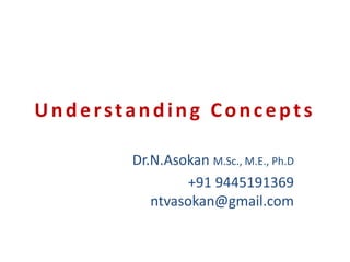 Understanding Concepts
Dr.N.Asokan M.Sc., M.E., Ph.D
+91 9445191369
ntvasokan@gmail.com
 