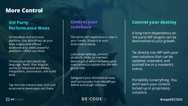 12
More Control
3rd Party
Performance Woes
Go headless and pick your
platform. Use WordPress as your
site’s engine and offload
ecommerce to more powerful
platforms. Check out Atlas!
Choose your own JavaScript
language. React, Vue, Angular,
vanilla JS! Advanced workflows,
integrations, automation, and build
tools.
Tap into the massive pool of JS and
ecommerce developers out there.
Control your
codebase
The entire WP experience is now in
your hands. Shape it to your
ecommerce needs.
Lock down settings, content,
products, styles to maintain
branding but allow marketers and
maintainers to update the site with
guard rails.
Safeguard your eCommerce data
and functionality from WordPress
theme and plugin mishaps.
Control your destiny
A long-term dependency on
3rd party WP plugins can be
detrimental to your growth.
Tie directly into WP with your
own solutions that can be
updated, extended, and
pushed live in a moment’s
notice.
Portability is everything. You
don’t want your content
locked up in proprietary
solutions.
 