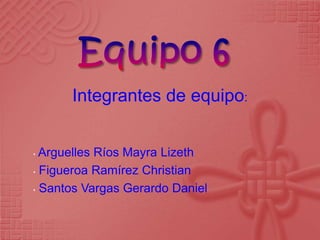 Integrantes de equipo:


• Arguelles Ríos Mayra Lizeth
• Figueroa Ramírez Christian

• Santos Vargas Gerardo Daniel
 