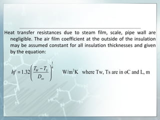 Heat transfer resistances due to steam film, scale, pipe wall are negligible. The air film coefficient at the outside of the insulation may be assumed constant for all insulation thicknesses and given by the equation: 