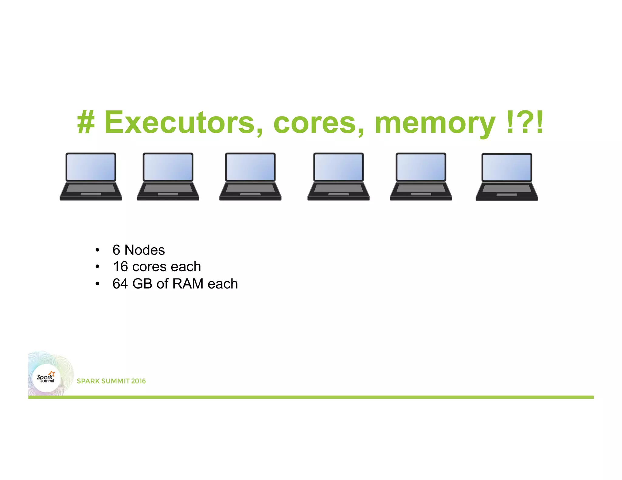 # Executors, cores, memory !?!
•  6 Nodes
•  16 cores each
•  64 GB of RAM each
 