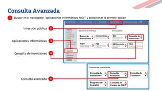 Inversión pública
Aplicaciones informáticas
Consulta de inversiones
2
3
4
Buscar en el navegador “aplicaciones informáticas MEF” y seleccionar la primera opción
1
Consulta Avanzada
Consulta avanzada 4
 