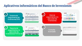 Aplicativos informáticos del Banco de Inversiones
4
3
Web de
seguimiento a la
ejecución de
inversiones
Consulta
Avanzada
Reporte de
seguimiento a la
ejecución de
inversiones(F Nº12-B)
2
Sistema de
Seguimientode
Inversiones (SSI)
1
 