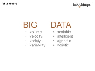 #5usecases




             BIG               DATA
             •   volume        •   scalable
             •   velocity      •   intelligent
             •   variety       •   agnostic
             •   variability   •   holistic
 