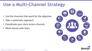 Page 22© Marketo, Inc. 9/19/2018 | Proprietary and Confidential
Use a Multi-Channel Strategy
• Use the channels that work for the objective
• Take a systematic approach
• Coordinate your story across channels
• Work closely with Sales
 