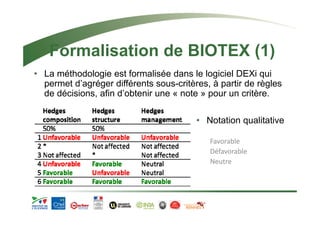 Formalisation de BIOTEX (1) 
• La méthodologie est formalisée dans le logiciel DEXi qui 
permet d’agréger différents sous-critères, à partir de règles 
de décisions, afin d’obtenir une « note » pour un critère. 
• Notation qualitative 
Favorable 
Défavorable 
Neutre 
 