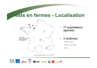 Tests en fermes - Localisation 
• 77 exploitations 
agricoles 
• 3 systèmes: 
Bovin lait 
Bovin viande 
Ovin 
 