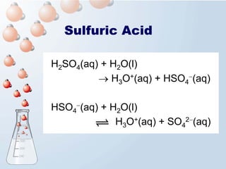 Sulfuric Acid

H2SO4(aq) + H2O(l)
         → H3O+(aq) + HSO4−(aq)

HSO4−(aq) + H2O(l)
             H3O+(aq) + SO42−(aq)
 