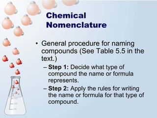 Chemical
   Nomenclature

• General procedure for naming
  compounds (See Table 5.5 in the
  text.)
  – Step 1: Decide what type of
    compound the name or formula
    represents.
  – Step 2: Apply the rules for writing
    the name or formula for that type of
    compound.
 