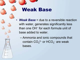 Weak Base
• Weak Base = due to a reversible reaction
  with water, generates significantly less
  than one OH− for each formula unit of
  base added to water.
  – Ammonia and ionic compounds that
    contain CO32− or HCO3− are weak
    bases.
 